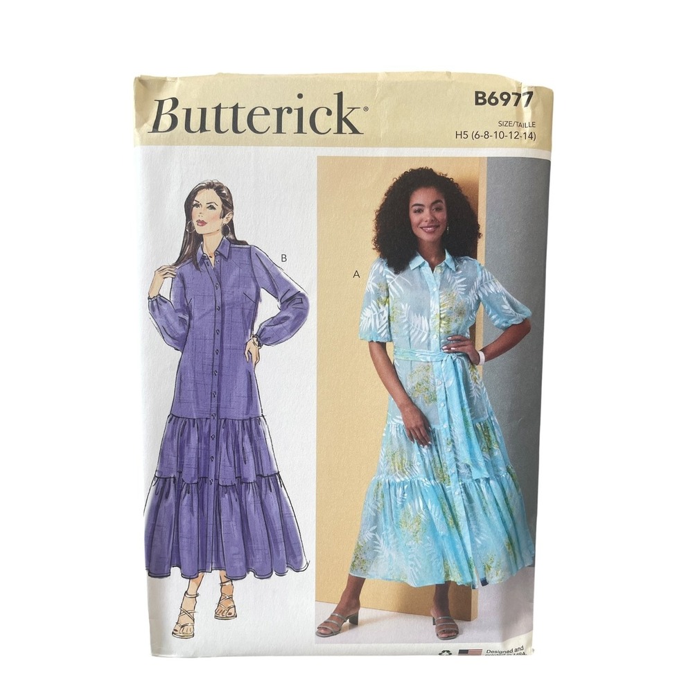 Butterick B6977 Misses Dress Sash H5 (6-8-10-12-14) Tiered Shirt Dress